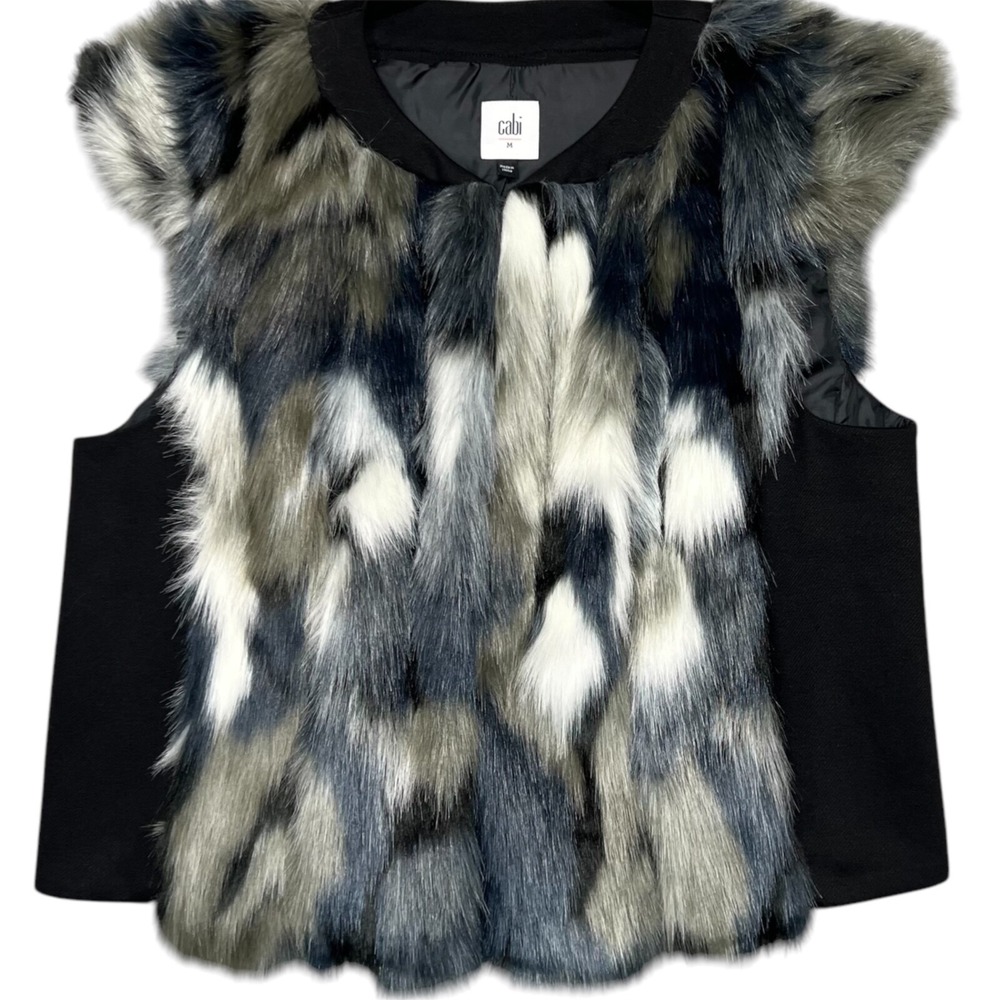 Cabi Women Blue/Gray/Black Faux Fur  Sleeveless Vest Sz Medium Soft Classy Retro